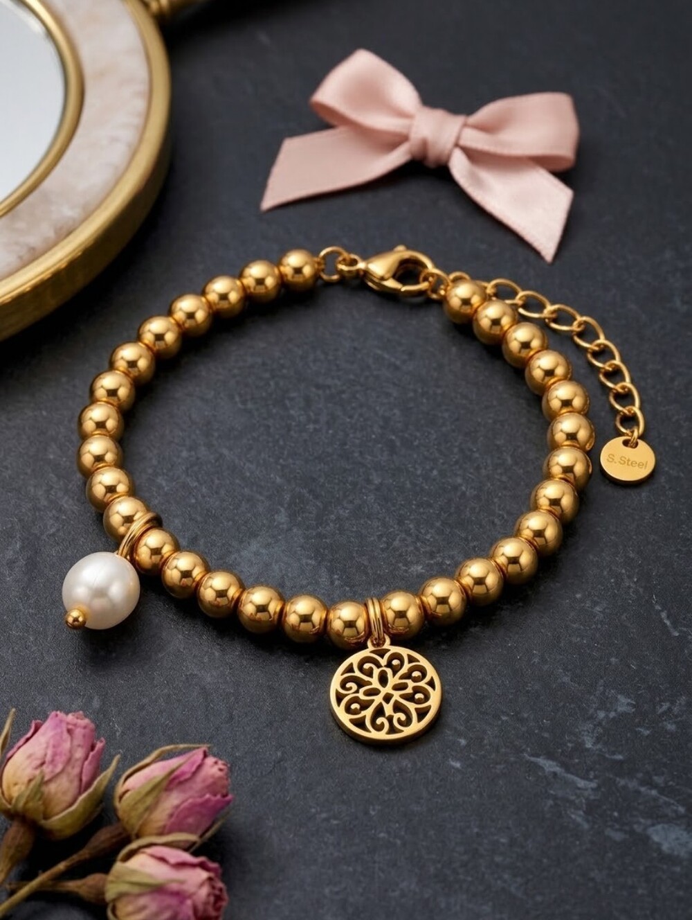 Gold Bead Bracelet Freshwater Pearl Mandala Charm Classic Stacking Adj 6.5-8"